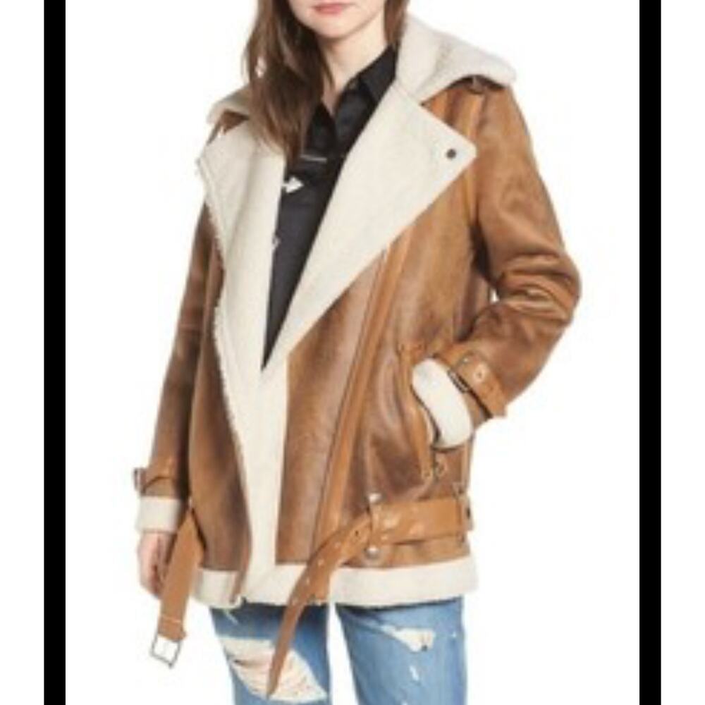 AVEC LES FILLES Coat Large Faux Leather Shearling Moto Jacket Notched Collar‎